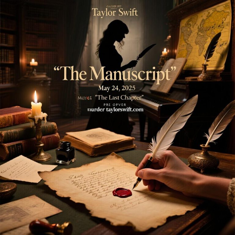 A close-up view of Taylor Swift’s hand holding a quill pen, carefully writing on aged parchment paper with a red wax seal. The scene includes a candle, inkwell, and musical notes, set against a backdrop of a piano and a world map, evoking a classic, nostalgic vibe.