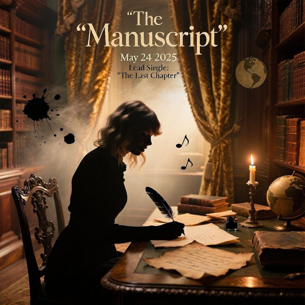 Taylor Swift is depicted as a silhouette, sitting at an ornate desk in a dimly lit library filled with books. She holds a quill pen, writing on parchment paper about The Manuscript album, surrounded by candles, a globe, and stacks of old books, creating a vintage, literary atmosphere.