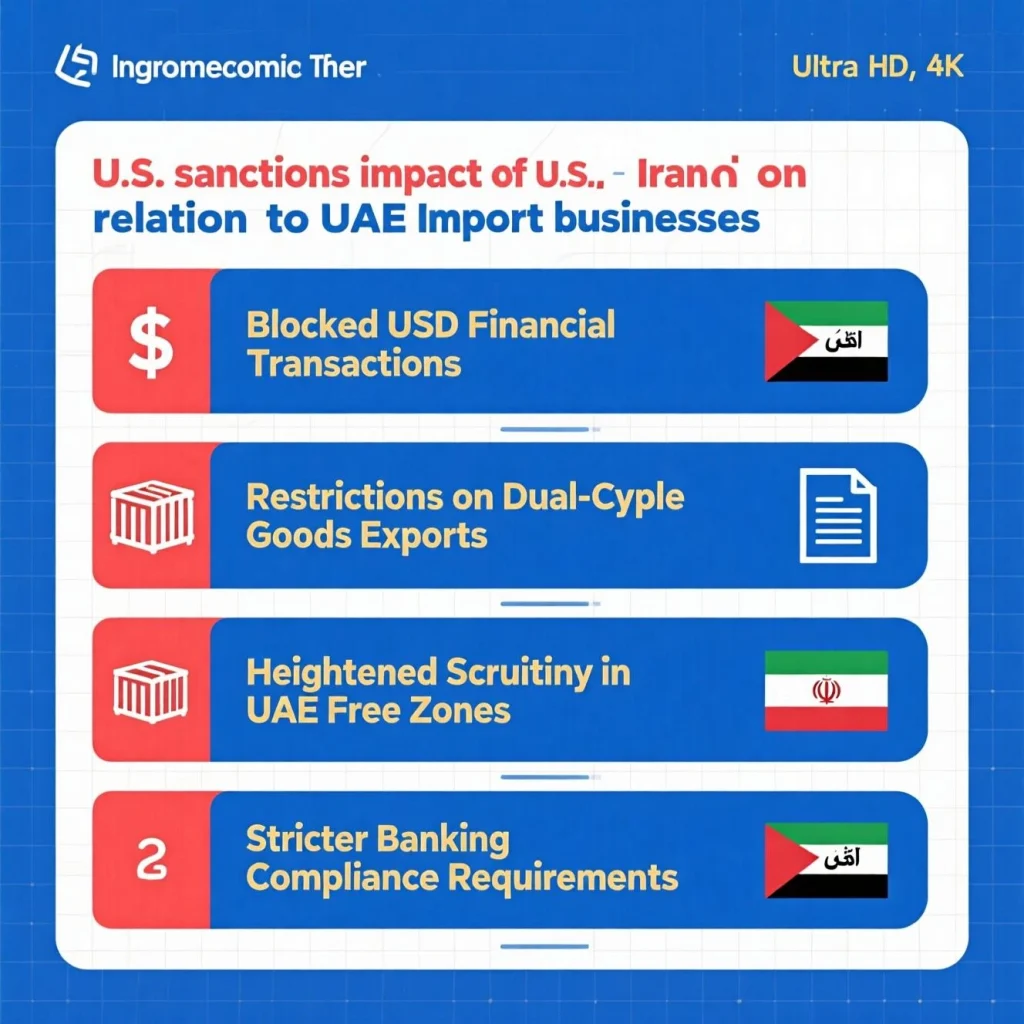 Infographic explaining the ripple effect of US sanctions on Iran over UAE import businesses, including financial, legal, and logistical challenges in 2025. 