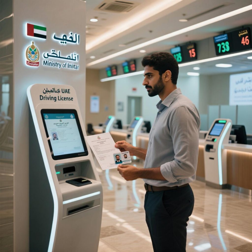 A man renewing his UAE driving license at a Ministry of Interior (MOI) self-service kiosk, holding the updated license in hand
