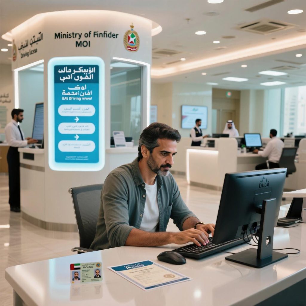 An expat applying for UAE driving license renewal online at the Ministry of Interior (MOI) office using a computer.