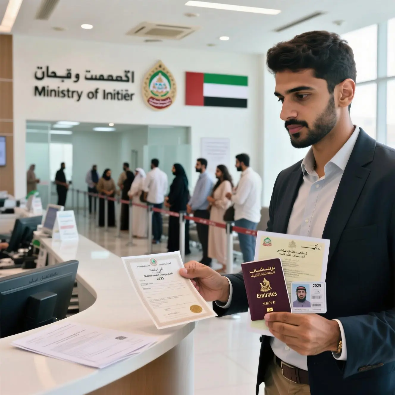 Expatriate submitting UAE residency visa renewal documents at MOI UAE service center in 2025 with Emirates ID and passport