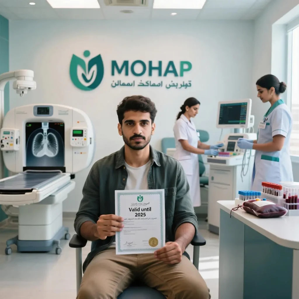 UAE Residency Visa Renewal Process Expat undergoing medical fitness test at MOHAP-approved center for UAE residency visa renewal in 2025