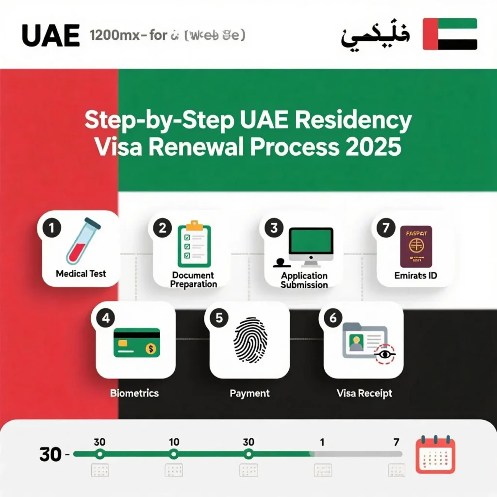"Step-by-step infographic of UAE residency visa renewal process for 2025 showing all required steps and timeline"