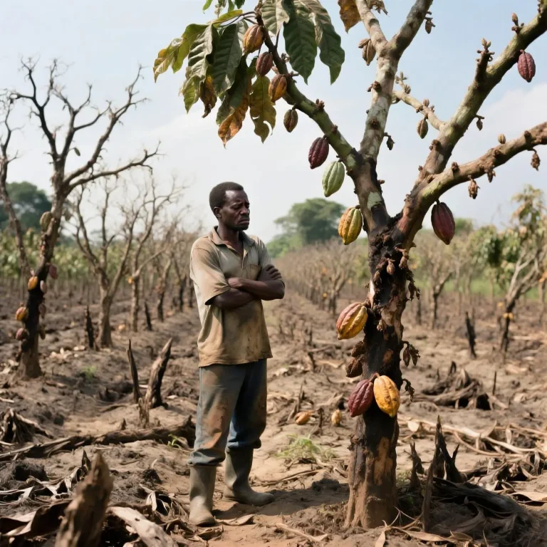 A Ghanaian farmer stands in a devastated cocoa plantation, surrounded by dying trees and few remaining pods. The image captures the human impact of the cocoa virus outbreak and its effect on livelihoods and food security.