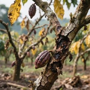A diseased cocoa tree infected with the Cocoa Swollen Shoot Virus Disease (CSSVD), showing cracked bark and damaged pods. This image illustrates the agricultural crisis threatening Ghana's cocoa industry and global chocolate supply.(Cocoa Prices Surge)