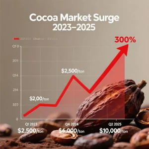 A line graph showing the dramatic rise in cocoa prices from $2,500/ton in Q1 2023 to $10,000/ton in Q2 2025, with a 300% increase. The chart is overlaid on an image of cocoa pods and beans, highlighting the economic impact of the cocoa shortage.(Cocoa Prices Surge)