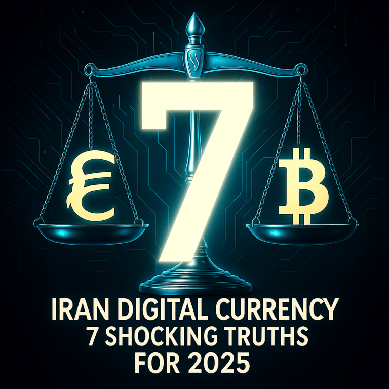 : A visually striking graphic for an article titled “Iran Digital Currency Law: 7 Shocking Truths for 2025”. The image should blend themes of technology, finance, and law with an Iranian context. It features a dark, modern background with digital circuit patterns. Prominently displayed are the scales of justice, with the Iranian Rial symbol (﷼) on one side and a Bitcoin symbol (₿) on the other. The number ‘7’ is large and glowing in the center. The overall mood is serious and impactful.