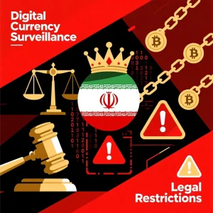 A graphic illustrating the shocking truths of the Iran digital currency law with legal symbols. 