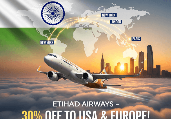 Etihad Airways promotional poster offering 30% off flights from India to the USA & Europe. Features the Indian flag on a world map and an Airbus A321LR aircraft.
