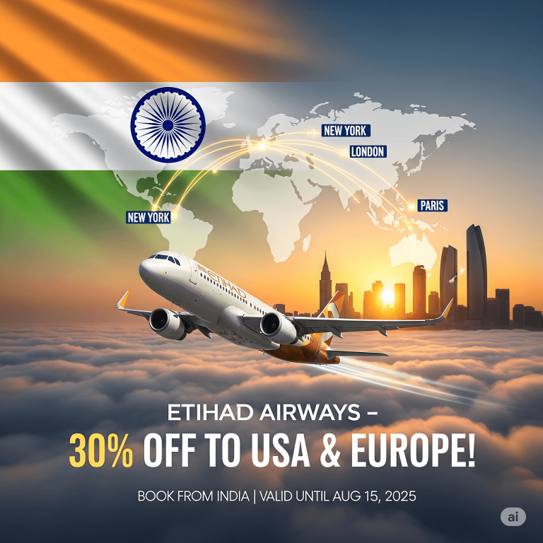Etihad Airways promotional poster offering 30% off flights from India to the USA & Europe. Features the Indian flag on a world map and an Airbus A321LR aircraft.