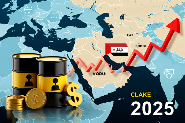 A dynamic visual representing the global oil market impacting the economies of the Middle East, with oil barrels, money symbols, and subtle maps of the region. The image should convey economic shifts and geopolitical influences, with a focus on future outlook (2025). Style should be informative and clear, suitable for an economic analysis article