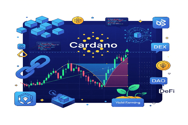 An illustration showing a bullish Cardano (ADA) price chart with a descending wedge pattern breaking upwards, surrounded by icons representing DeFi, DEX, DAO, and blockchain technology, indicating strong growth and market confidence in the US crypto market.