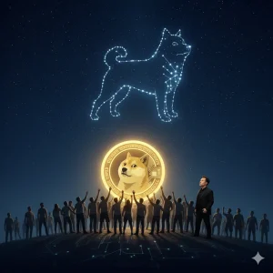 A crowd of people holding up a giant, glowing Dogecoin, symbolizing the community's power. The scene is set at night with a Shiba Inu constellation in the sky, representing the coin's meme-driven ascent.