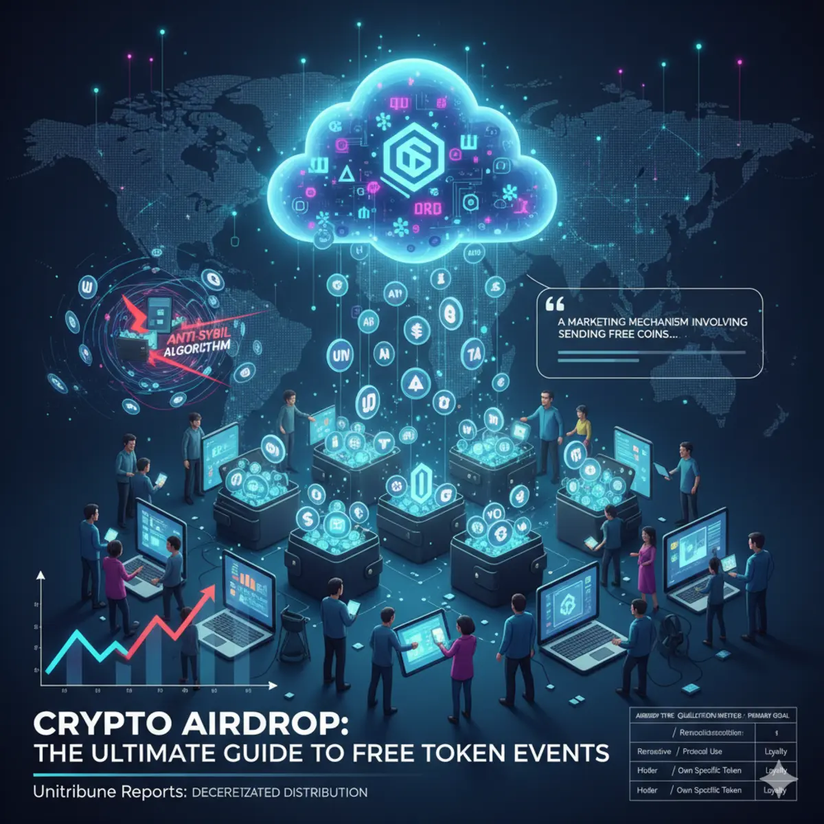 Infographic illustrating the concept of a crypto airdrop with a glowing cloud representing a decentralized network, distributing tokens to users on laptops and mobile devices. Features elements like an anti-Sybil algorithm, a growth chart, and a definition of airdrops, all set against a futuristic blue digital map.