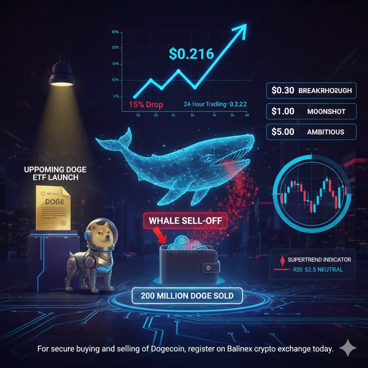 A graphic representation of Dogecoin's market situation. A digital whale signifies a sell-off of 200 million DOGE, while a price chart shows a modest 0.82% increase at $0.216. To the left, a Shiba Inu astronaut stands next to a document indicating an upcoming Dogecoin ETF launch. Bold price predictions towards $0.30, $1, and $5 are visible on the right, along with a candlestick chart and technical indicators like RSI and Supertrend.