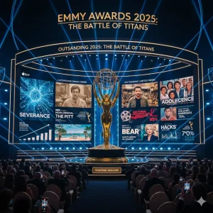 A grand Emmy Awards stage, with the iconic golden statuette at its center. Behind it is a large screen displaying "Emmys 2025 Awards: The Battle of Titans" and segmented panels showcasing promotional images and data for nominated shows. "Outstanding Drama Series" features "Severance," "The Pitt," and "The White Lotus: Thailand." "Outstanding Limited Series" includes "Adolescence," "The Bear," and "Hacks," with various percentage indicators and small graphs implying analytical breakdowns. The stage is filled with a seated audience, all looking towards the screen.Emmys 2025
