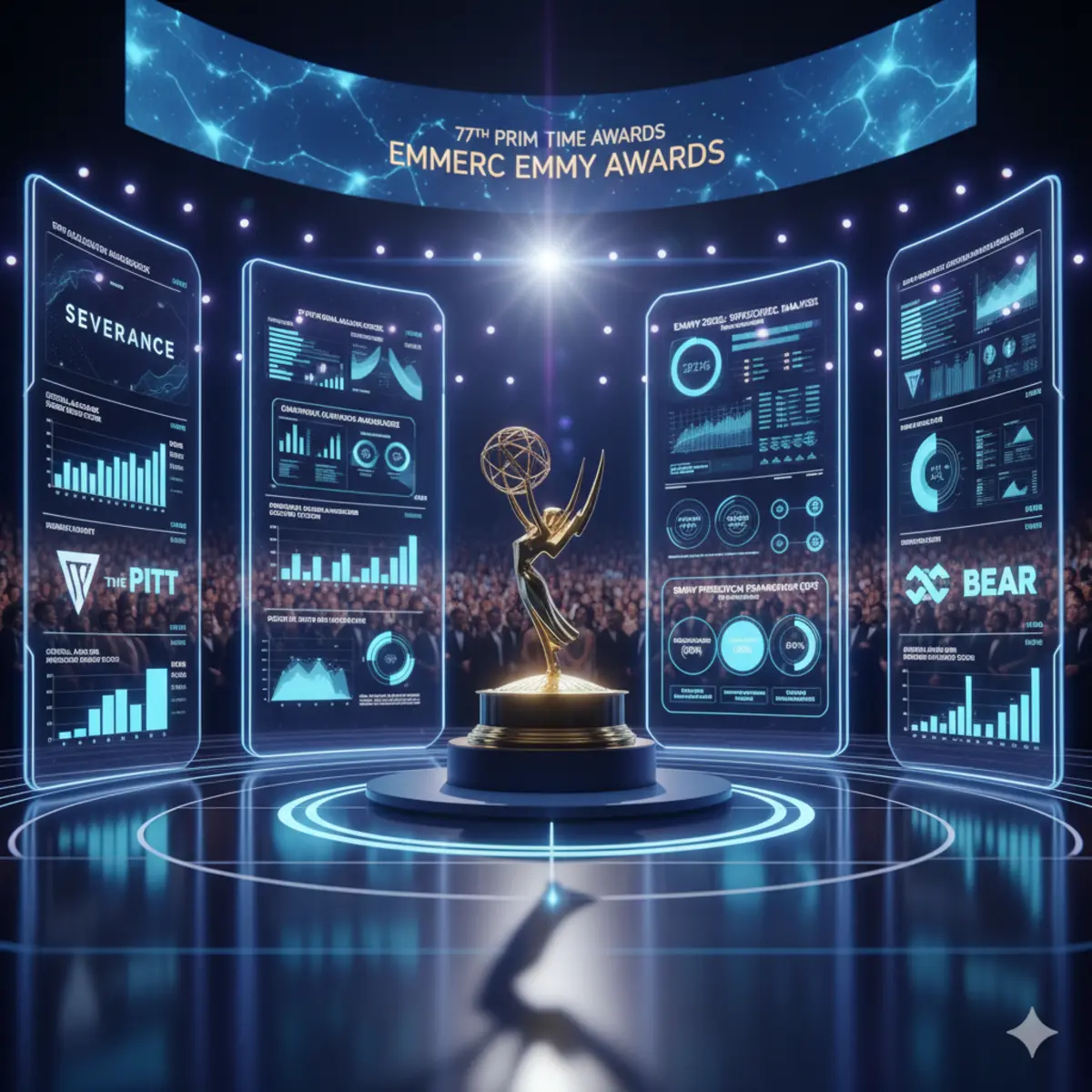A futuristic stage with the Emmy statuette at its center, surrounded by holographic screens displaying analytical data, graphs, and logos of shows like "Severance," "The Pitt," and "The Bear." The stage is illuminated by spotlights, and a blurred audience is visible in the background, signifying the strategic analysis and predictions for the 77th Primetime Emmy Awards.Emmys 2025
