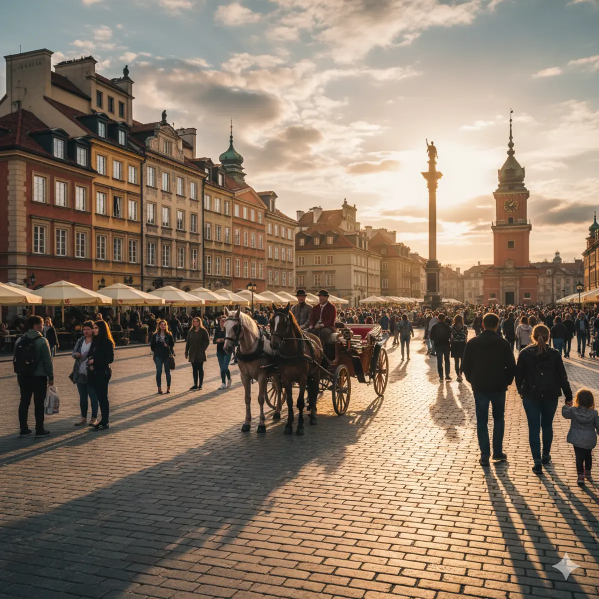 People strolling and a horse-drawn carriage in Warsaw's beautifully reconstructed Old Town Market Square, Poland, at sunset. This popular tourist activity highlights the charming atmosphere, historic architecture, and vibrant street life of Stare Miasto, a UNESCO World Heritage site perfect for cultural exploration.