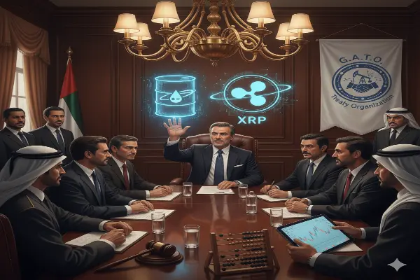 Image of a lavish conference room meeting, resembling an OPEC gathering, with leaders in formal and traditional Middle Eastern attire. At the center of the table, digital holograms of an oil barrel and the Ripple (XRP) logo float above, symbolizing the comparison of XRP's potential management to the oil market. In the background, the flag of the United Arab Emirates and a banner reading 'G.A.T.O. Treaty Organization' are visible.