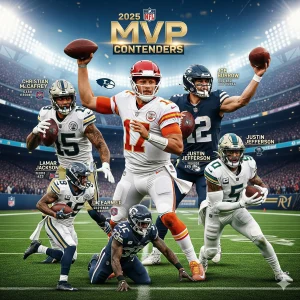 NFL 2025 expert predictions for MVP contenders, showing elite players like Patrick Mahomes, Joe Burrow, and Lamar Jackson, who are leading the race for the most valuable player award.