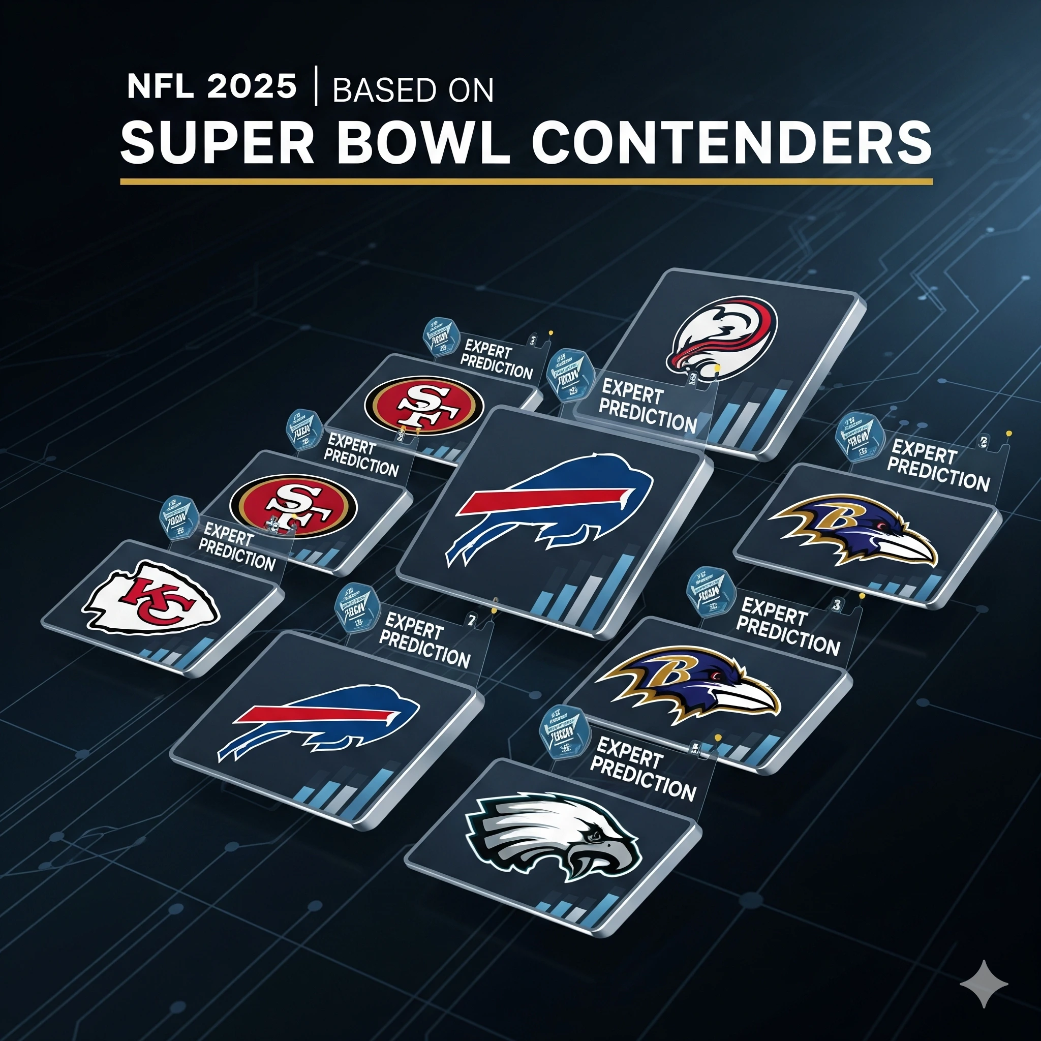 NFL 2025 expert predictions featuring Super Bowl contenders like the Chiefs, Ravens, and Eagles, showcasing the top teams in the race for the championship.