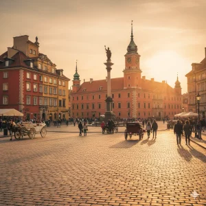 "A stunning photograph of Warsaw's beautifully reconstructed Old Town Square (Stare Miasto) in Poland, with its colorful, charming buildings and the King Sigismund's Column. This UNESCO World Heritage Site is a testament to the city's resilience and rich history, making it a must-visit landmark for anyone exploring Warsaw's historic heart."