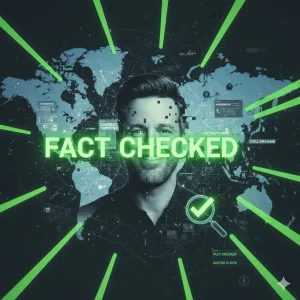 A stylized, digital image of a smiling Jimmy Kimmel, overlaid with the glowing green words "FACT CHECKED" prominently across his chest. The background features a muted world map with a digital network, various fragmented text snippets, and a magnifying glass icon with a green checkmark, symbolizing verification and the dispelling of false information. Green light rays emanate from the center, emphasizing clarity and truth.