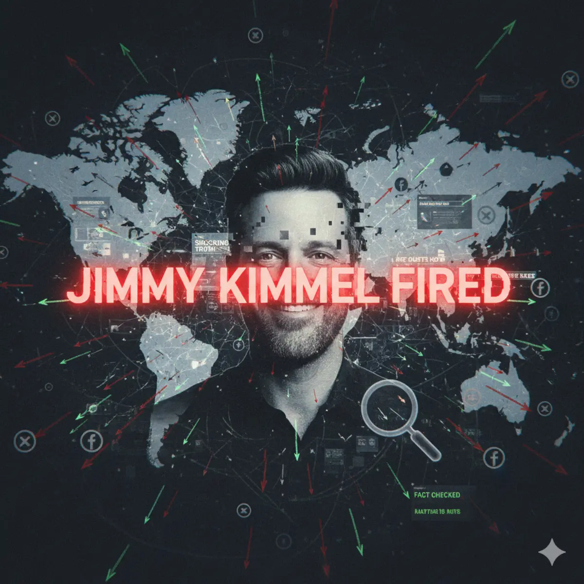 A stylized, digital image depicting a smiling Jimmy Kimmel with "JIMMY KIMMEL FIRED" in glowing red, pixelated letters across his face. Surrounding him is a dark, abstract world map overlaid with a network of green and red arrows, social media icons (like 'X' and 'f' for Facebook), and fragmented news headlines suggesting rumors and debunking efforts, alluding to the spread of misinformation.
