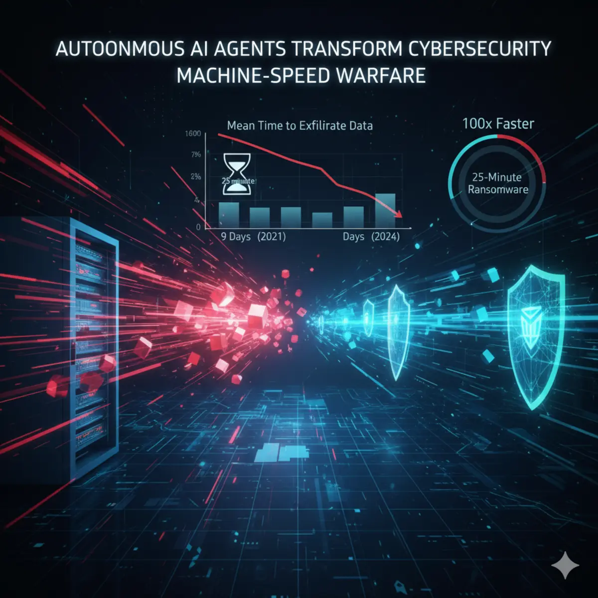 A graph illustrating the decrease in mean time to data exfiltration from 9 days in 2021 to 2 days in 2024, highlighting 25-minute ransomware campaigns and a 100x increase in attack velocity. It shows cyberattacks and defensive shields in a digital network environment, depicting the rapid, AI-driven cyber warfare with data points on mean time to exfiltrate data and ransomware speed