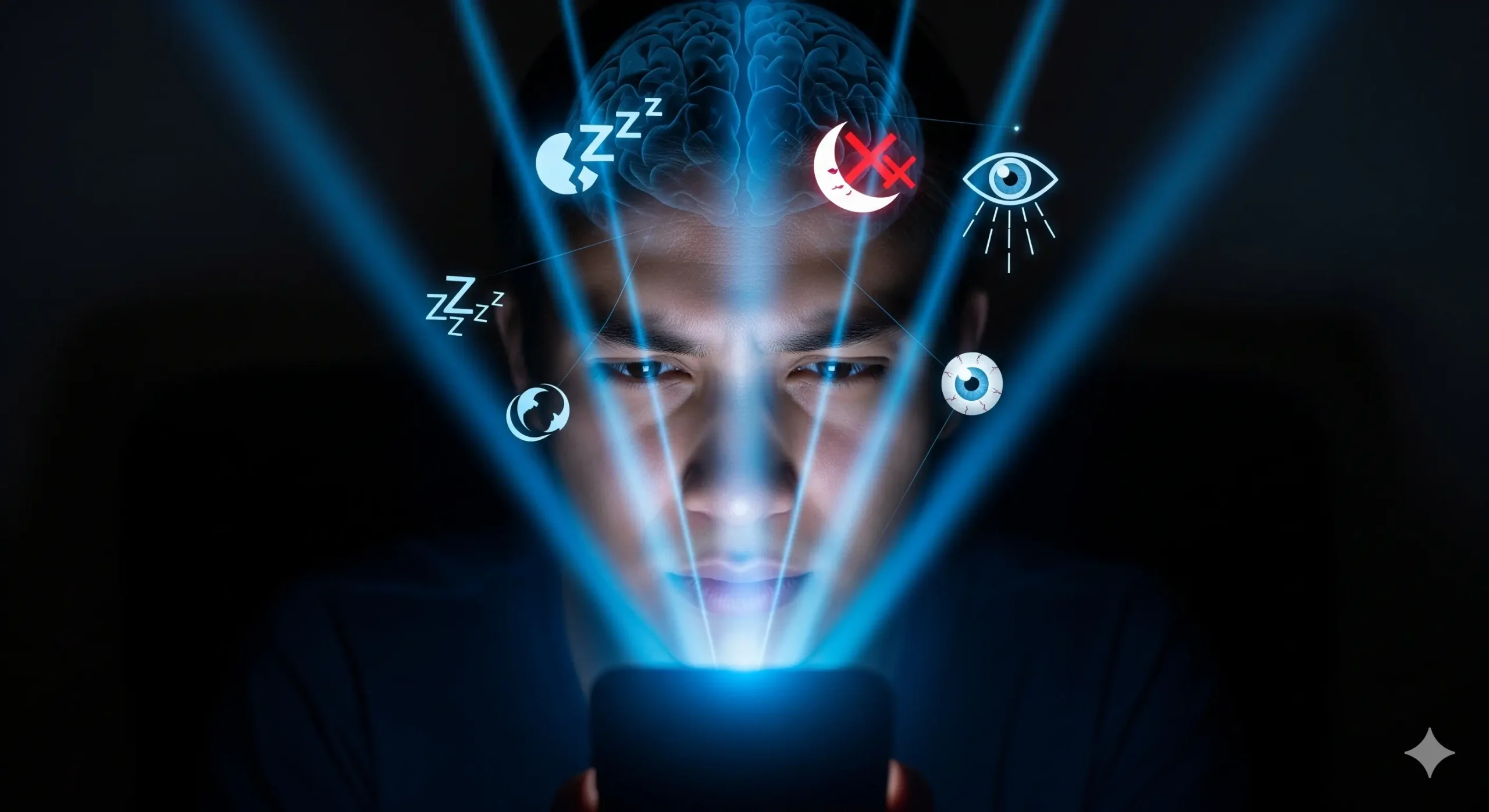 A person in a dark room looking intently at a bright mobile phone screen, with beams of blue light emanating from the phone towards their brain and eyes. Around their head, glowing blue icons illustrate effects like sleep disruption, melatonin suppression, eye strain, and general fatigue, symbolizing the dangers of nighttime mobile screen use.