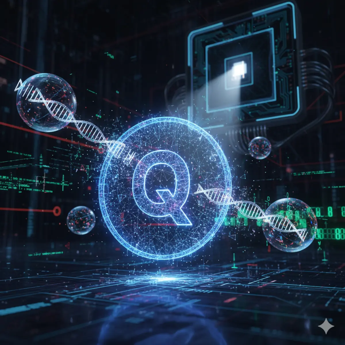 A futuristic digital illustration representing Quantum Computing Cryptocurrency, featuring a glowing 'Q' symbol at the center within a network of interconnected lines, flanked by DNA-like double helix structures. In the background, a quantum processor chip emits light onto a dark, circuit board-like surface with digital data, symbolizing the powerful and potentially disruptive integration of quantum technology with blockchain and digital currencies