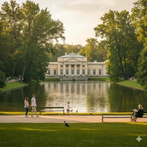 Visitors enjoying a serene walk through Łazienki Park in Warsaw, Poland, with the elegant Palace on the Isle (Pałac na Wyspie) reflected in the water. This tranquil green space is ideal for relaxation, picnics, and experiencing Warsaw's royal gardens and classical architecture.