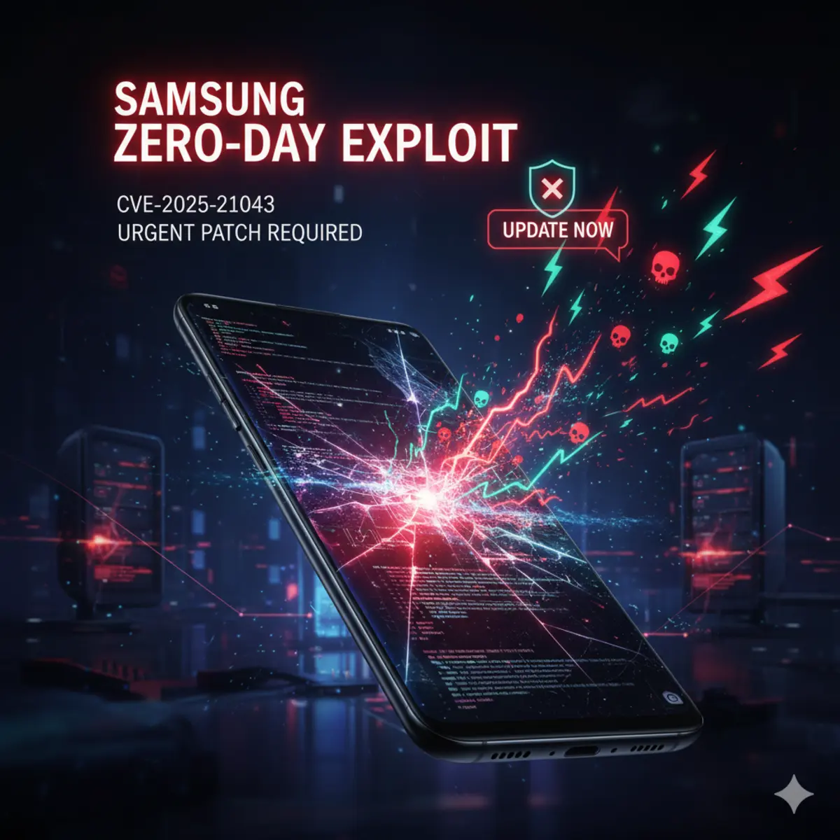 A Samsung Galaxy smartphone displaying lines of code and digital interference, with red and green lightning bolts and skull icons erupting from it, symbolizing a zero-day exploit and cyberattack. Text overlay reads "SAMSUNG ZERO-DAY EXPLOIT," "CVE-2025-21043," "URGENT PATCH REQUIRED," and an "UPDATE NOW" button with a shield icon. The background shows a dark, futuristic server room, emphasizing a critical digital security threat.