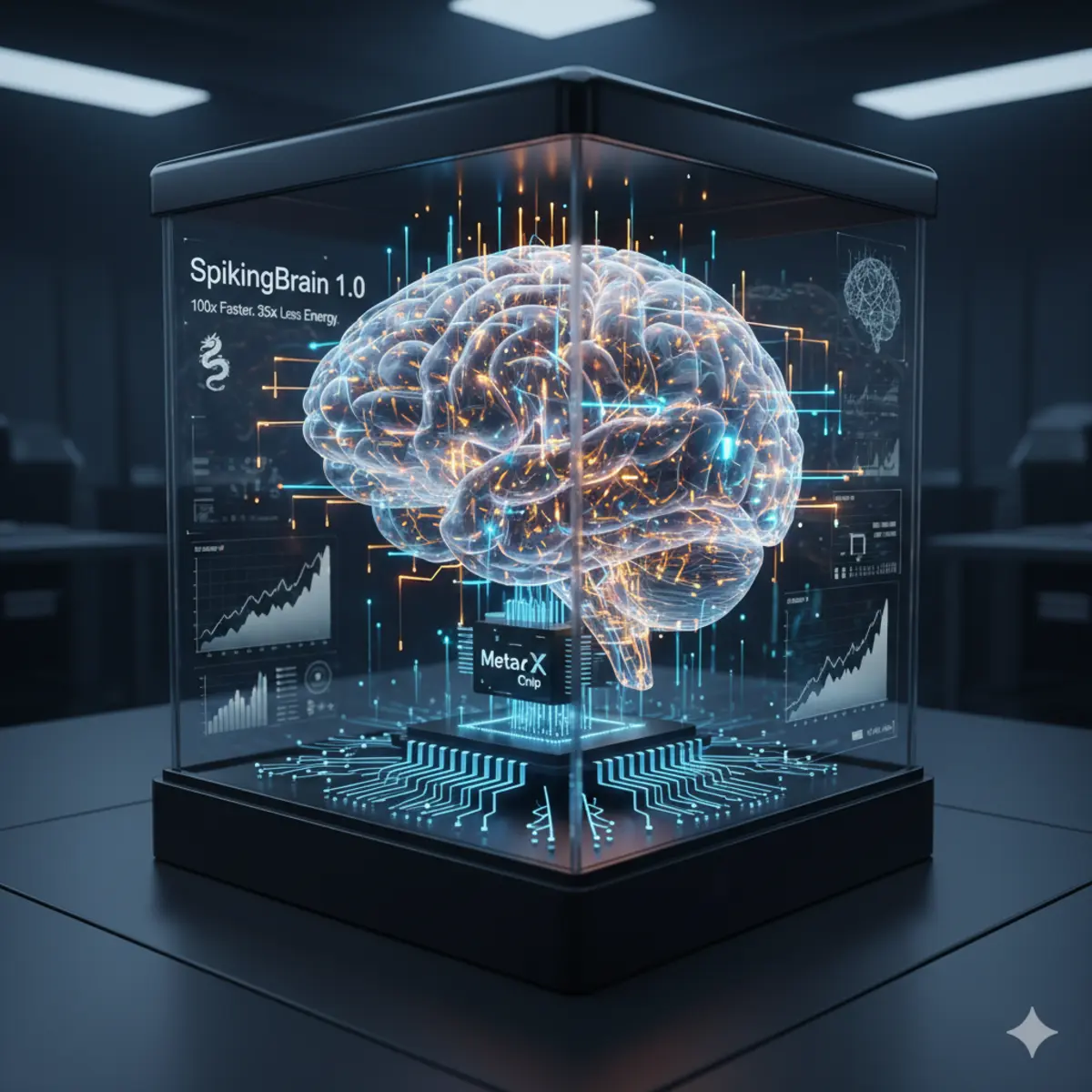 A holographic display showcasing a glowing, intricate human brain atop a circuit board with "MetaX Chip" labeled, illustrating the SpikingBrain 1.0 AI system's brain-inspired architecture and hardware innovation. The display also shows text highlighting "SpikingBrain 1.0, 100x Faster, 35x Less Energy" and a Chinese dragon symbol.