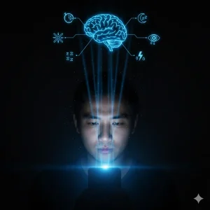An image of a person in the dark looking at their mobile phone. Blue light reflects on their face, and beams of light travel from the phone to their brain and eyes. Around their head are glowing icons of a broken clock (circadian rhythm disruption), a crossed-out moon (melatonin suppression), a tired eye, and an irregular sleep icon, representing the health risks of staring at a mobile screen at night.