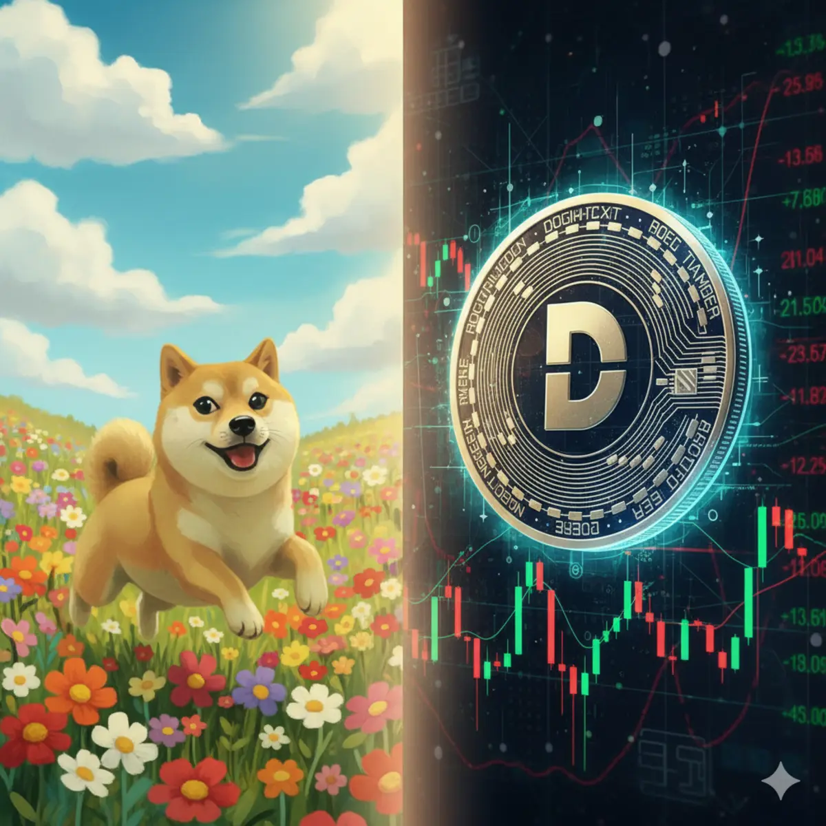 DOGECOIN. An artistic depiction showing the two faces of DOGE: a happy Shiba Inu on one side representing its meme culture, and a digital coin against stock charts on the other, representing its financial volatility.