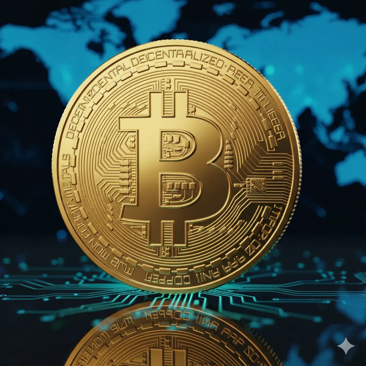 A shimmering golden Bitcoin coin stands upright, reflected on a dark, circuit board-like surface. In the background, a glowing blue world map is faintly visible, suggesting a global digital network.btc