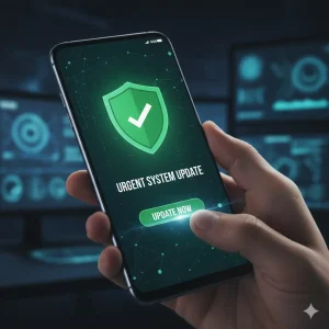 A hand holding a Samsung Galaxy smartphone with a glowing green security shield icon and a checkmark prominently displayed on its screen. Below the shield, text reads "URGENT SYSTEM UPDATE" and a button says "UPDATE NOW." The background is a dark, tech-oriented setting with blurred computer screens, illustrating the critical need for a security patch to protect mobile devices from vulnerabilities.
