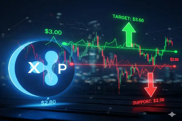 A dynamic visual representation of the XRP price forecast, showing a glowing XRP logo prominently on the left. To the right, a detailed candlestick chart illustrates price movements, with clear green upward arrows indicating potential bullish targets at $3.30 and $3.60, and red downward arrows marking key support levels at $2.65 and $2.50. The chart is overlaid on a futuristic, blurred cityscape at night, symbolizing the digital nature of cryptocurrency markets. The image effectively captures the dual possibilities of XRP's short-term price movement, highlighting both potential gains and downside risks based on current market analysis.
