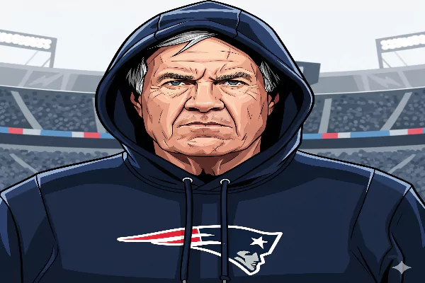 Digital illustration of Bill Belichick in a New England Patriots hoodie, looking stern. This image visually represents the tension leading to the Patriots' ban from UNC practices in the United States.