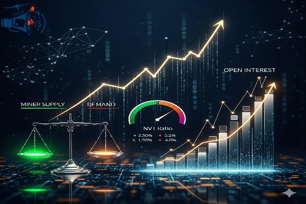 A graphical and analytical representation of the Bitcoin market. The image features a price chart with an upward trend and key resistance levels, a digital scale showing a balanced supply and demand from miners, an NVT Ratio gauge in a healthy range, and a rising bar chart for increased Open Interest in the derivatives market. All these elements are set in a digital space with a background of binary code and network connections, reflecting the dynamism and complexity of the cryptocurrency market.