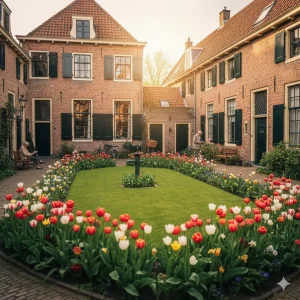 "Picturesque spring view of a tranquil 'hofje' (courtyard) in Haarlem, Netherlands, filled with colorful tulips in full bloom. Historic almshouses with traditional Dutch gables surround a well-maintained garden, offering a peaceful escape. This charming hidden gem highlights Haarlem's unique residential architecture and local heritage, popular with visitors seeking authentic Dutch experiences."