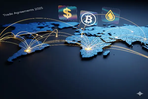 A conceptual image of international trade agreements 2025, showing a digital world map with shifting trade routes and symbols for oil and cryptocurrency.