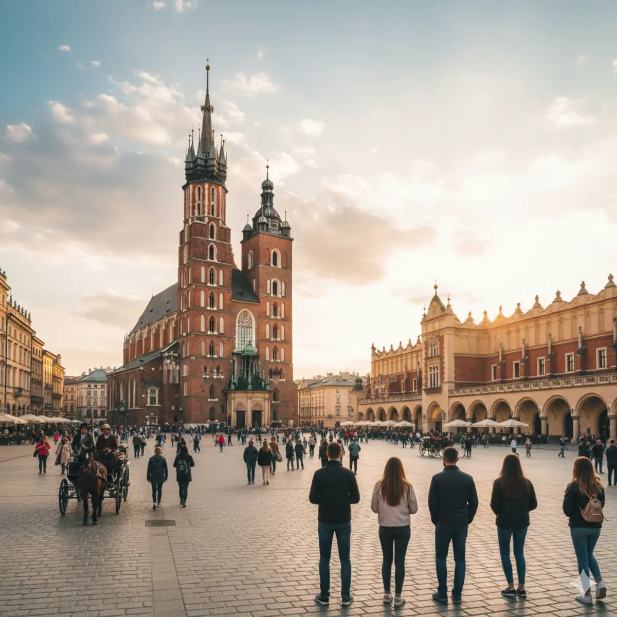 "A vibrant, panoramic view of Krakow's historic Main Market Square (Rynek Główny) in Poland, featuring the iconic Cloth Hall and St. Mary's Basilica. This popular tourist destination in Lesser Poland is a UNESCO World Heritage Site, showcasing medieval architecture and a lively cultural atmosphere, perfect for travel blogs and city guides. Warsaw