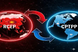 An infographic comparing the RCEP and CPTPP international trade agreements of 2025, highlighting the geopolitical competition between the economic blocs.